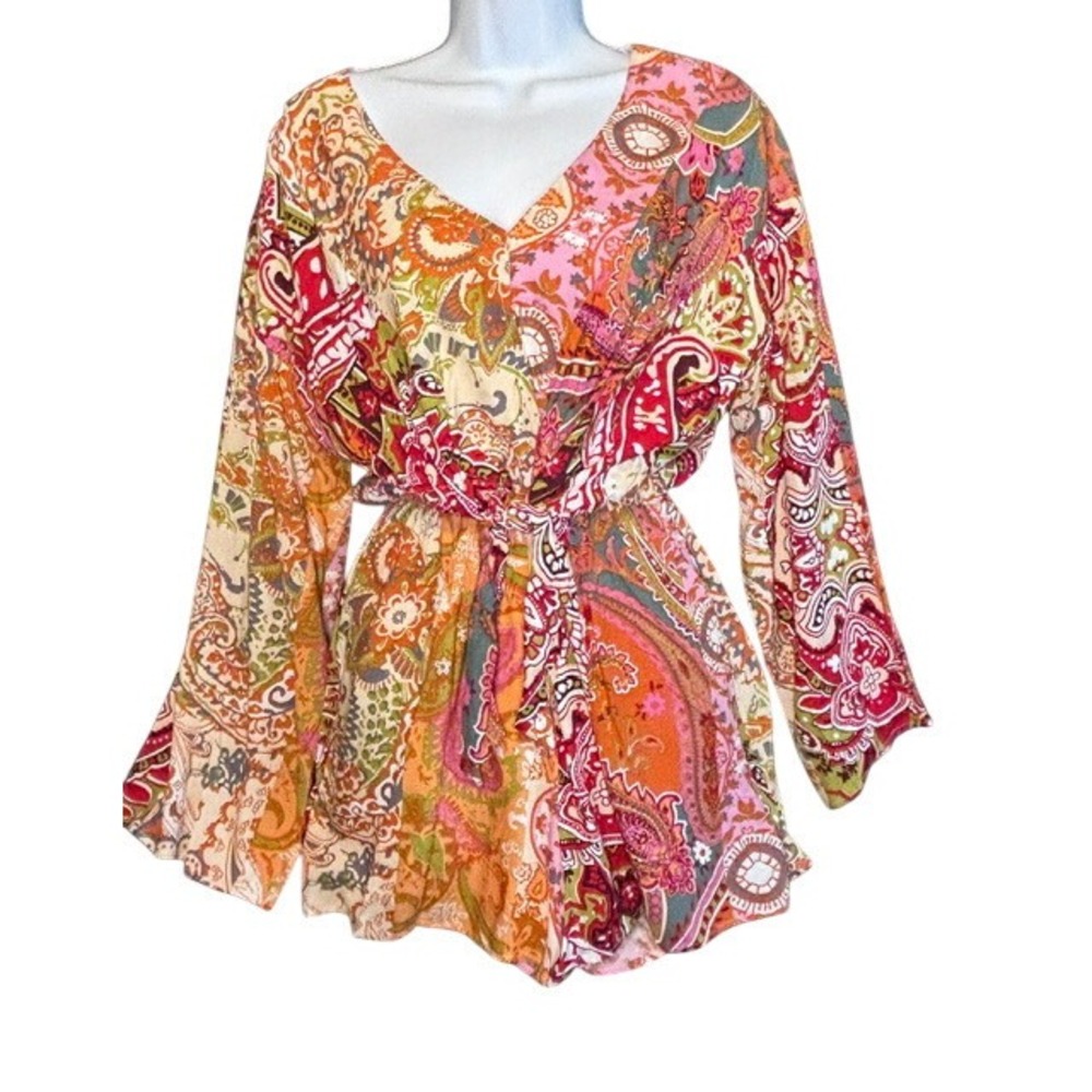 Pink Lily Paisley Long Sleeve Romper Orange Pink Boho Bell Sleeve Size S NEW